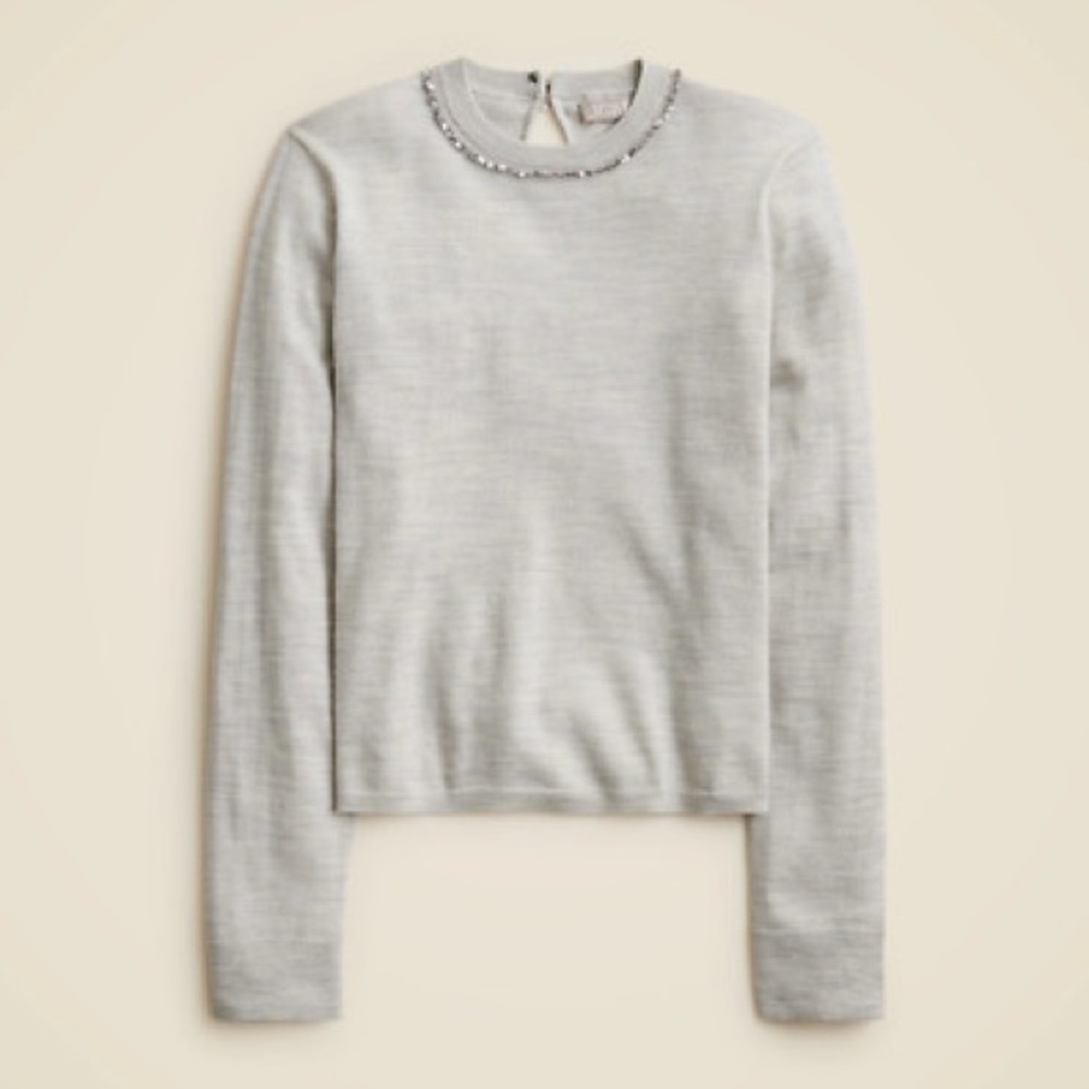 Carolyn embellished fitted crewneck sweater in heather grey merino wool